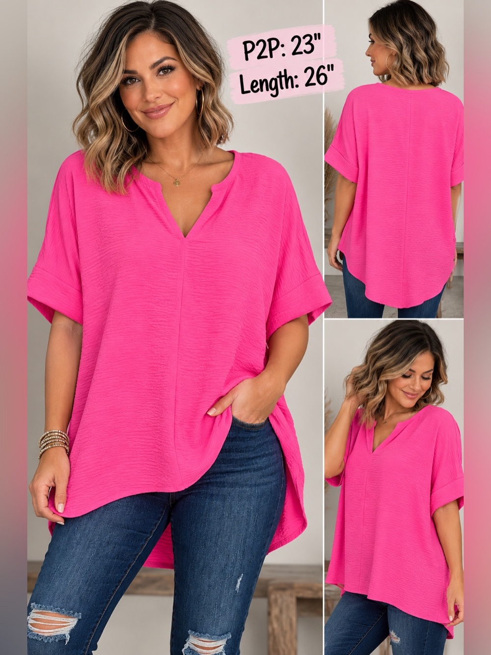 Zenana Outfitters Hot Pink V-Neck Relaxed Tunic